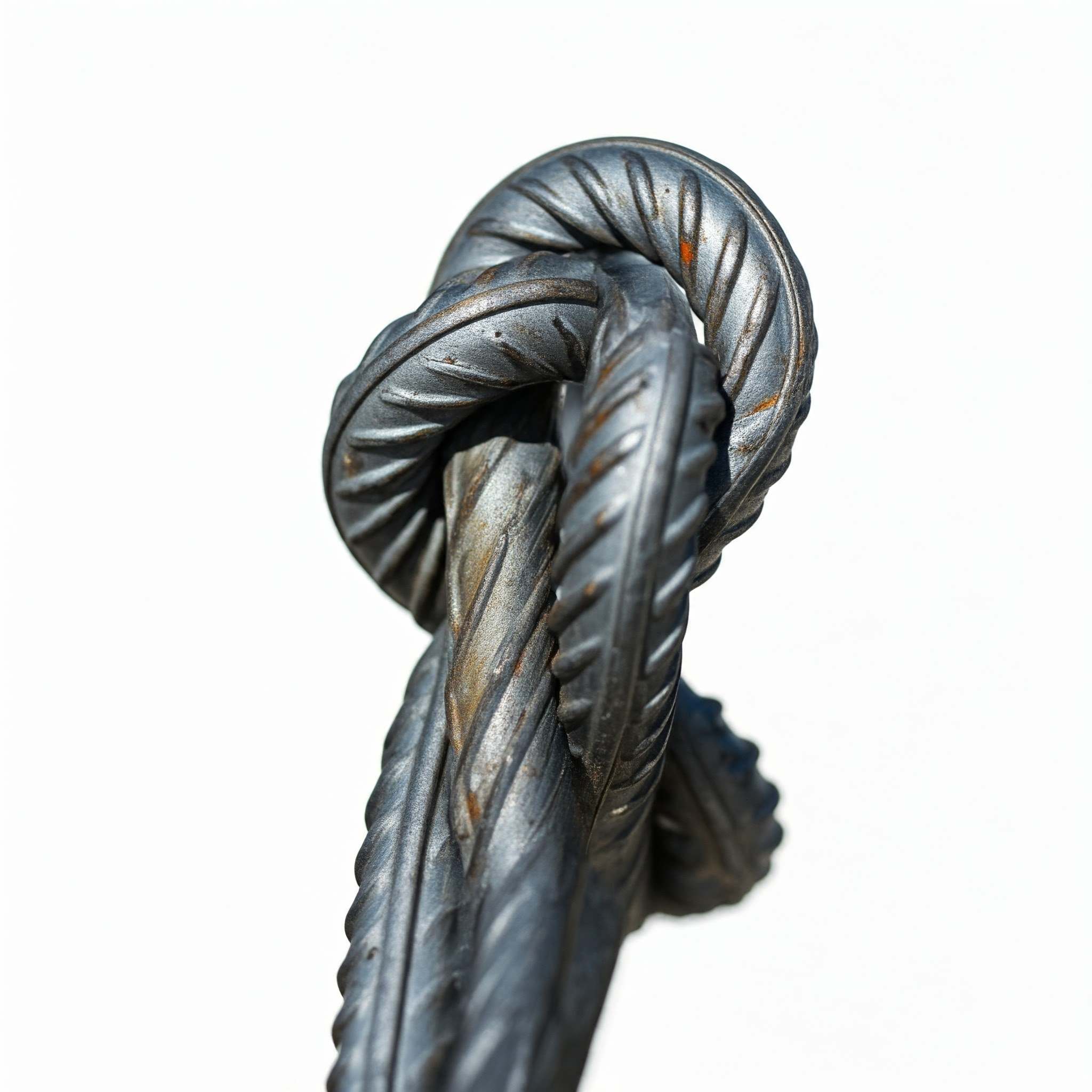 Una barra in acciaio per cemento armato, annodata.