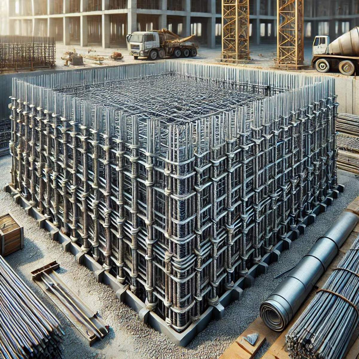 Una gabbia metallica per fondazioni nel campo dell'edilizia.