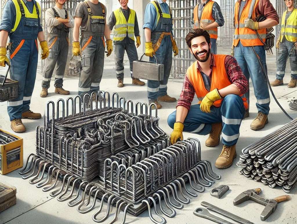 Gruppo di operai sorridenti che lavorano attorno a staffe in ferro per cemento armato.