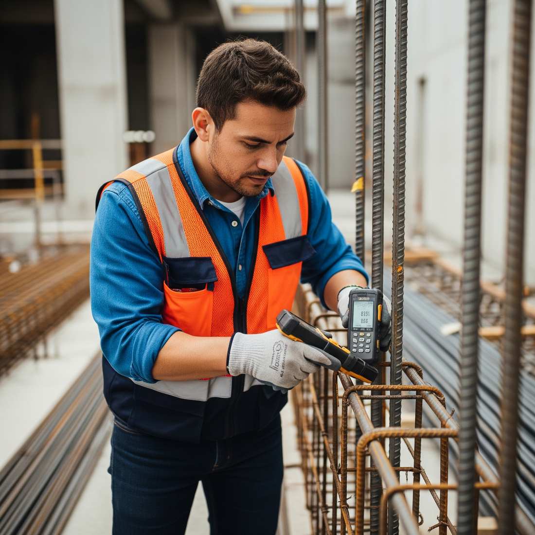 Un tecnico in un cantiere analizza un tondino in acciaio per cemento armato.